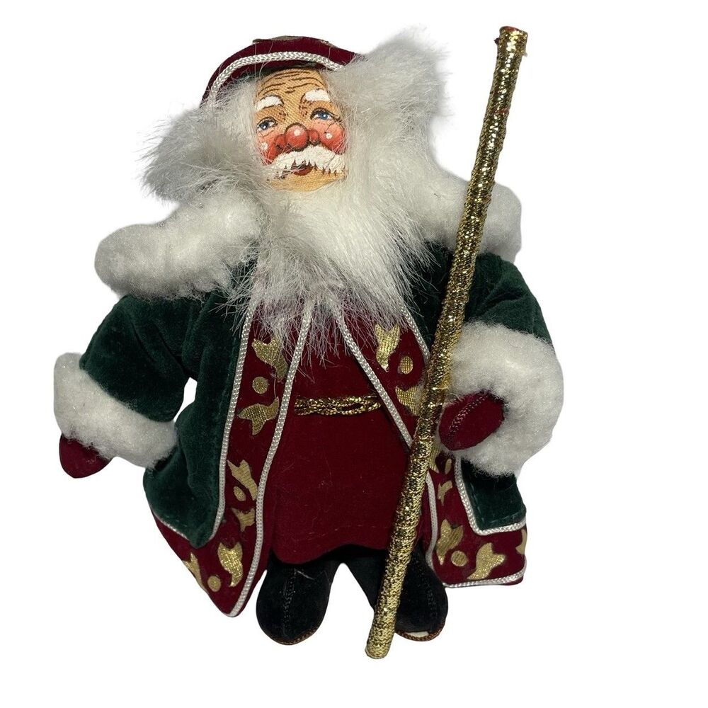 Annalee Jolly Santa in Velvet Green Robe with Staff  Hanging Ornament 5" Tall